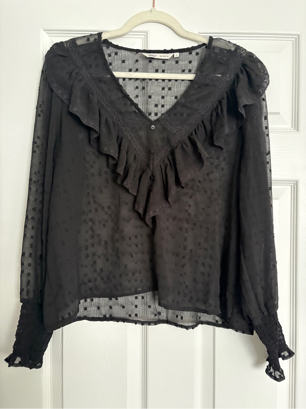 Only Black Ruffled V-Neck Swiss Dot Blouse with Lace Trim - Picture 3 of 4